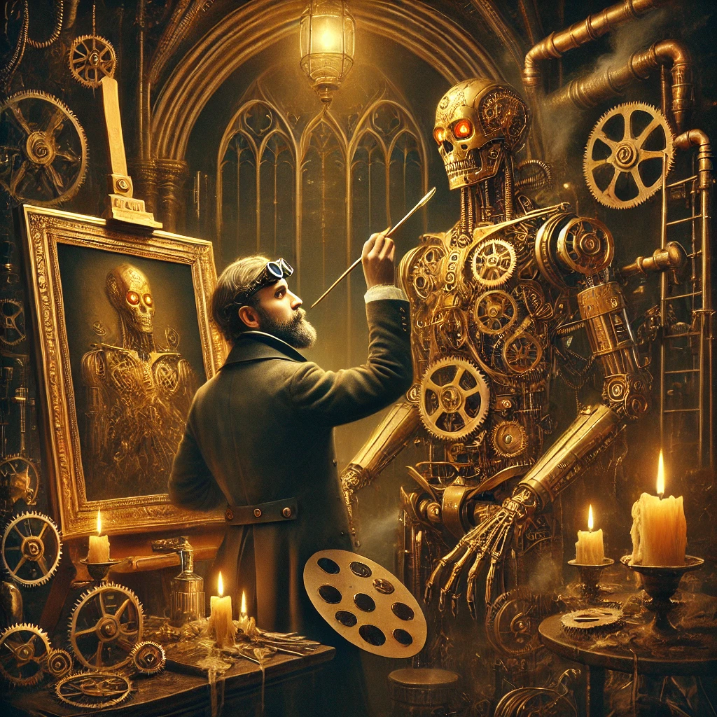 dall·e 2026 04 02 21.33.22 a richly detailed steampunk gothic studio filled with brass machinery, gears, pipes, and steam vents, illuminated by warm gaslight and candlelight. a