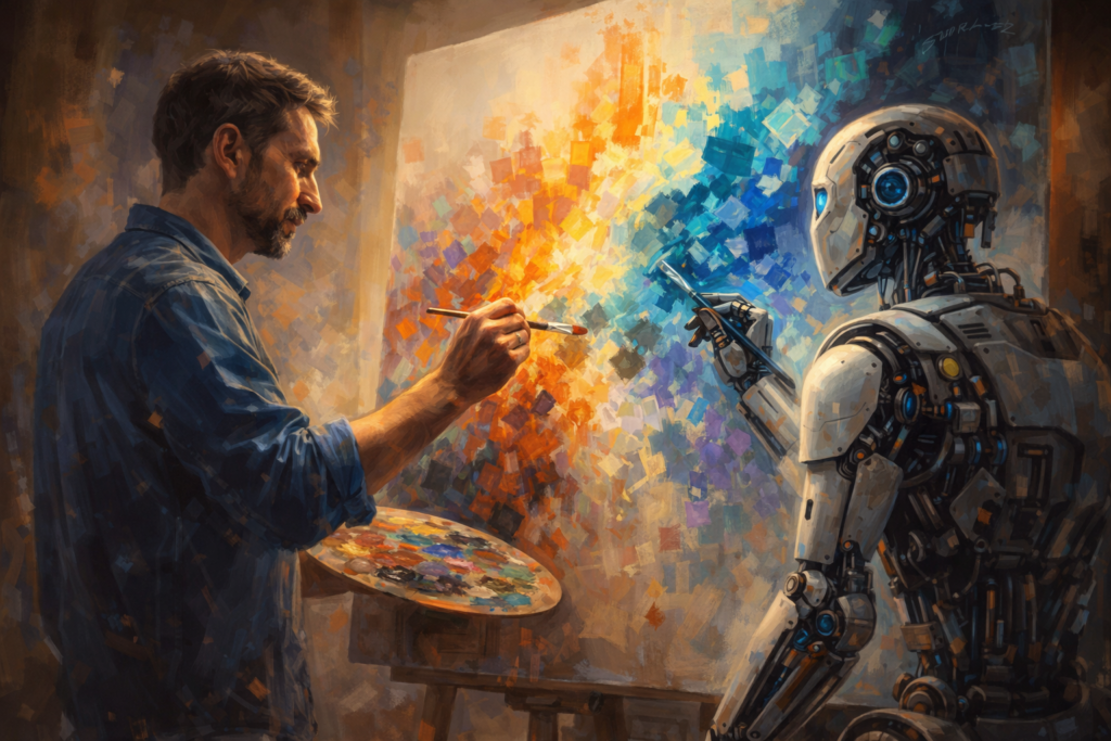 human and robot painting together