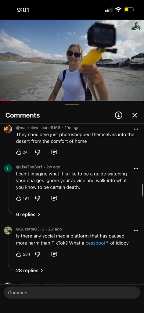 Two screenshots of YouTube comments reacting to a video claiming three TikTok influencers died while hiking in extreme heat.