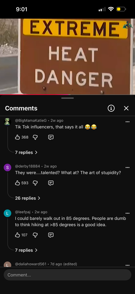 Two screenshots of YouTube comments reacting to a video claiming three TikTok influencers died while hiking in extreme heat.