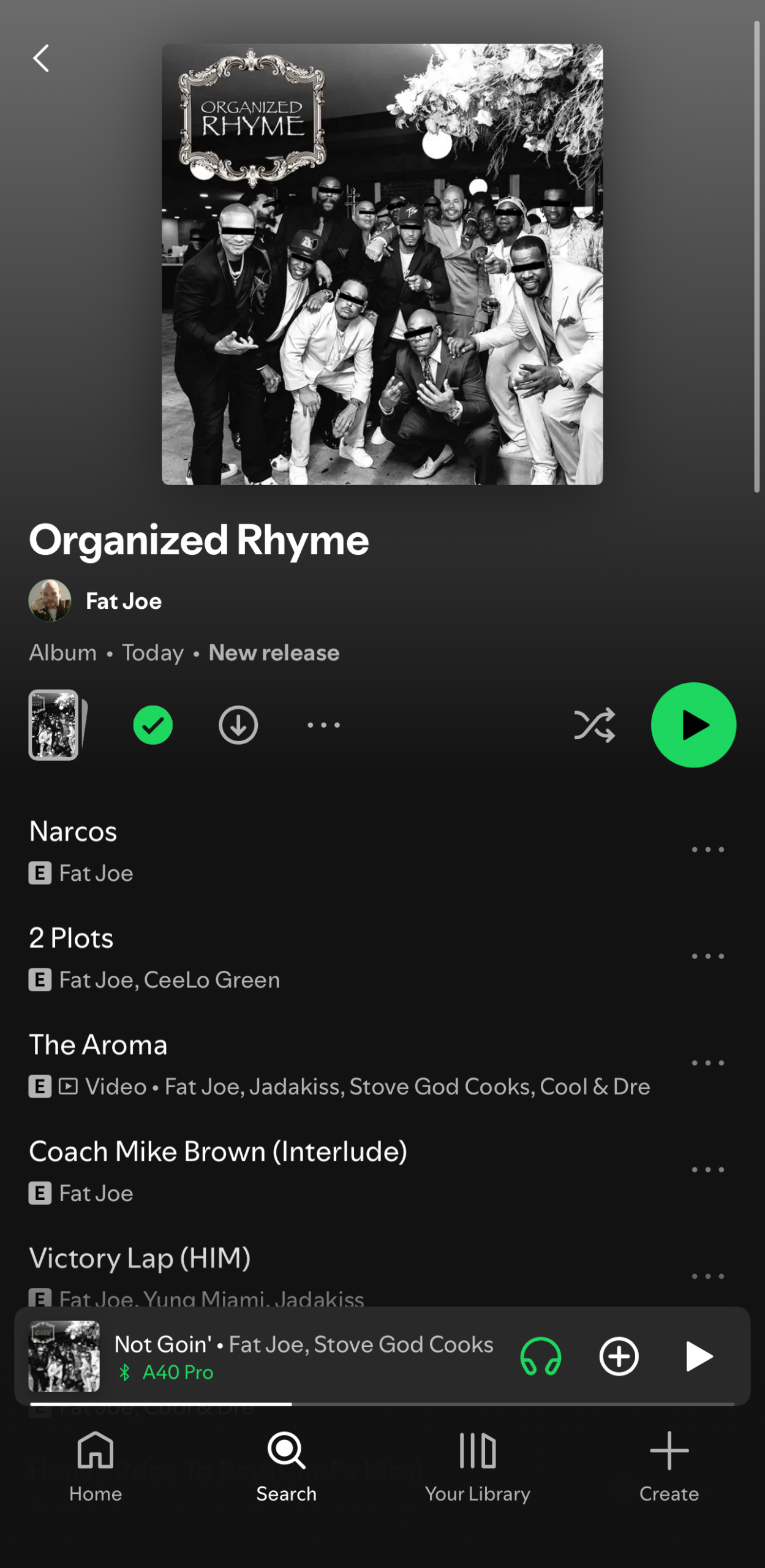 Three Spotify screenshots showing music by Fat Joe, recommended releases, and Erykah Badu and The Alchemist.