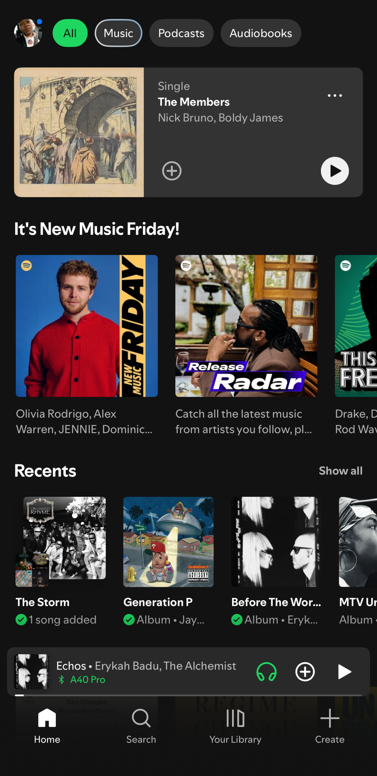 Three Spotify screenshots showing music by Fat Joe, recommended releases, and Erykah Badu and The Alchemist.