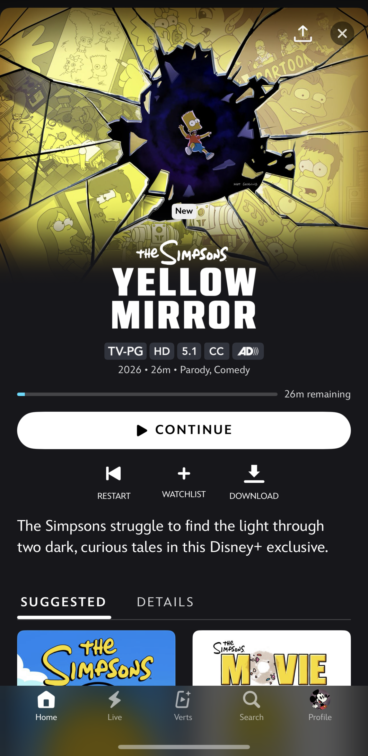 Smartphone screenshot of Disney+ displaying an episode of The Simpsons titled “Yellow Mirror.”