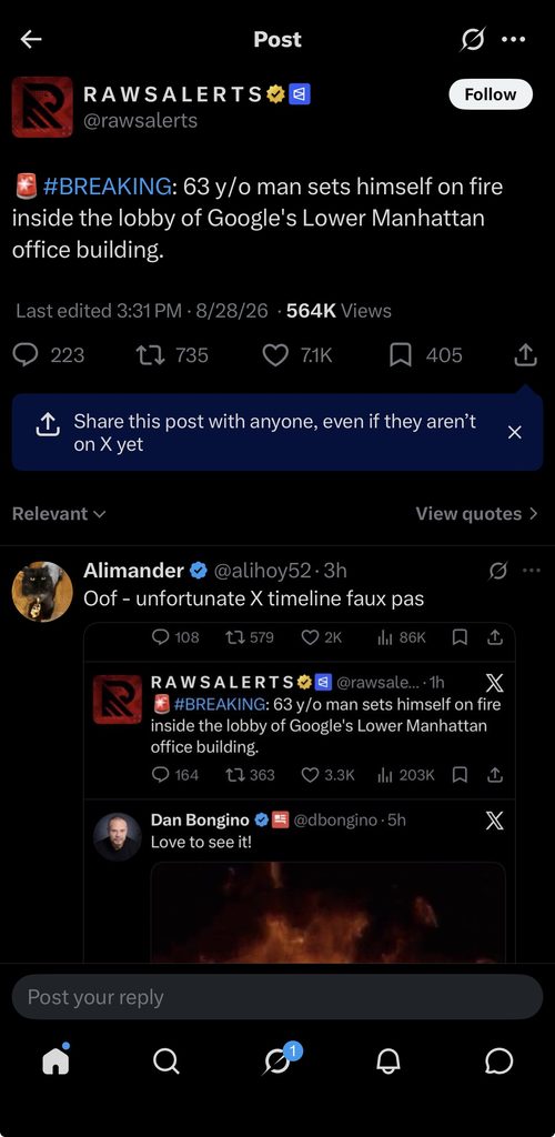Two smartphone screenshots showing an X post claiming a man set himself on fire inside Google's Lower Manhattan office building and a Grok response summarizing the incident.