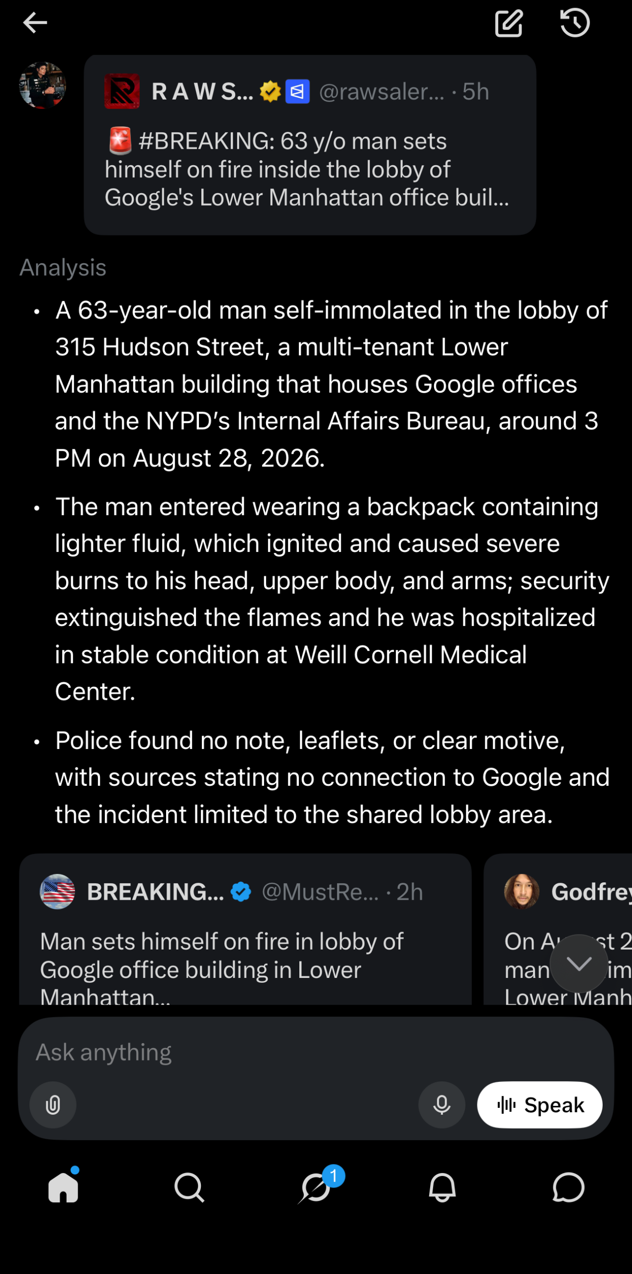 Two smartphone screenshots showing an X post claiming a man set himself on fire inside Google's Lower Manhattan office building and a Grok response summarizing the incident.