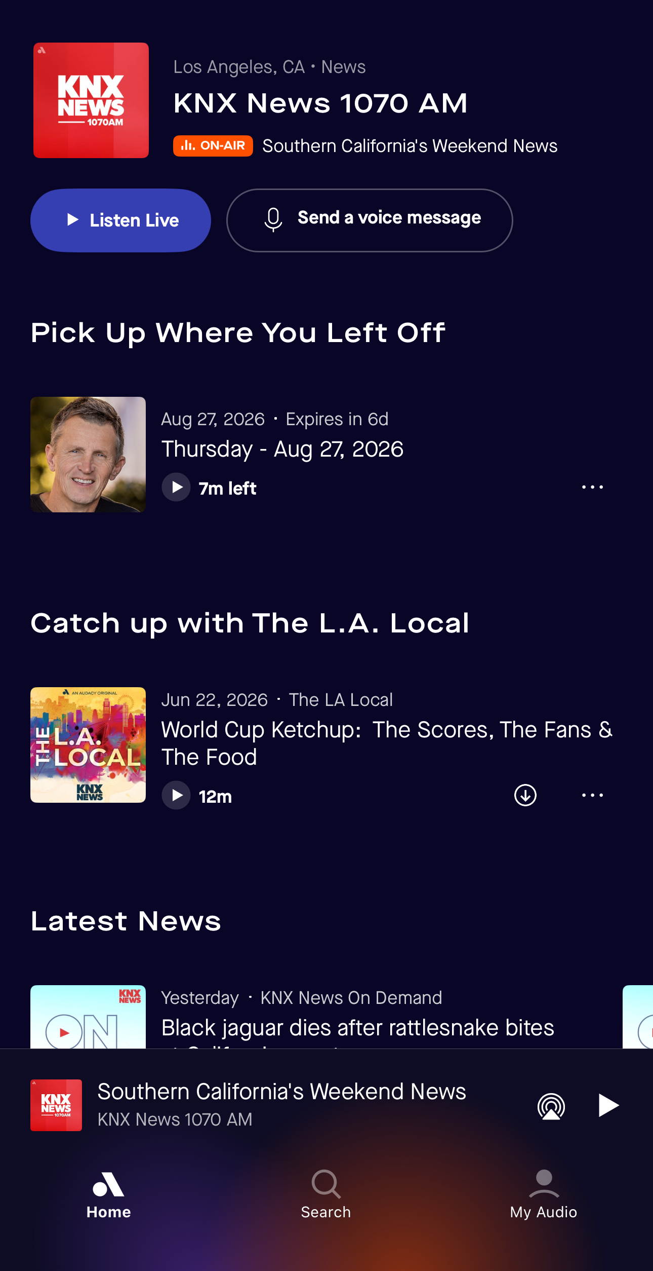 Smartphone screenshot of the KNX News app showing Southern California news and audio programming.
