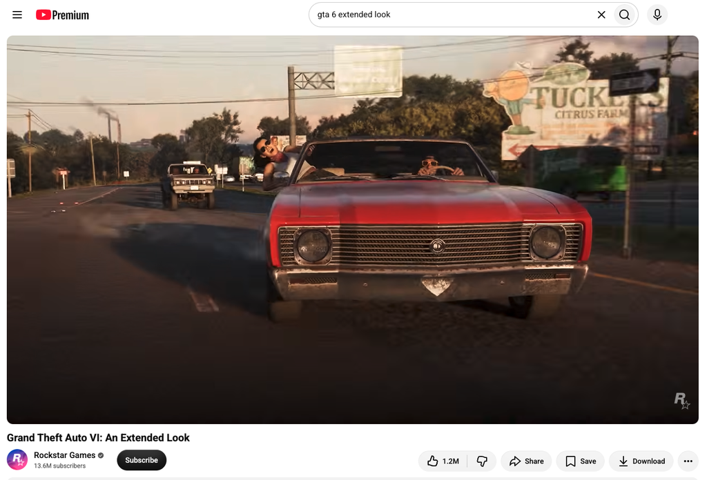 YouTube screenshot showing a Grand Theft Auto VI video playing on a desktop browser.