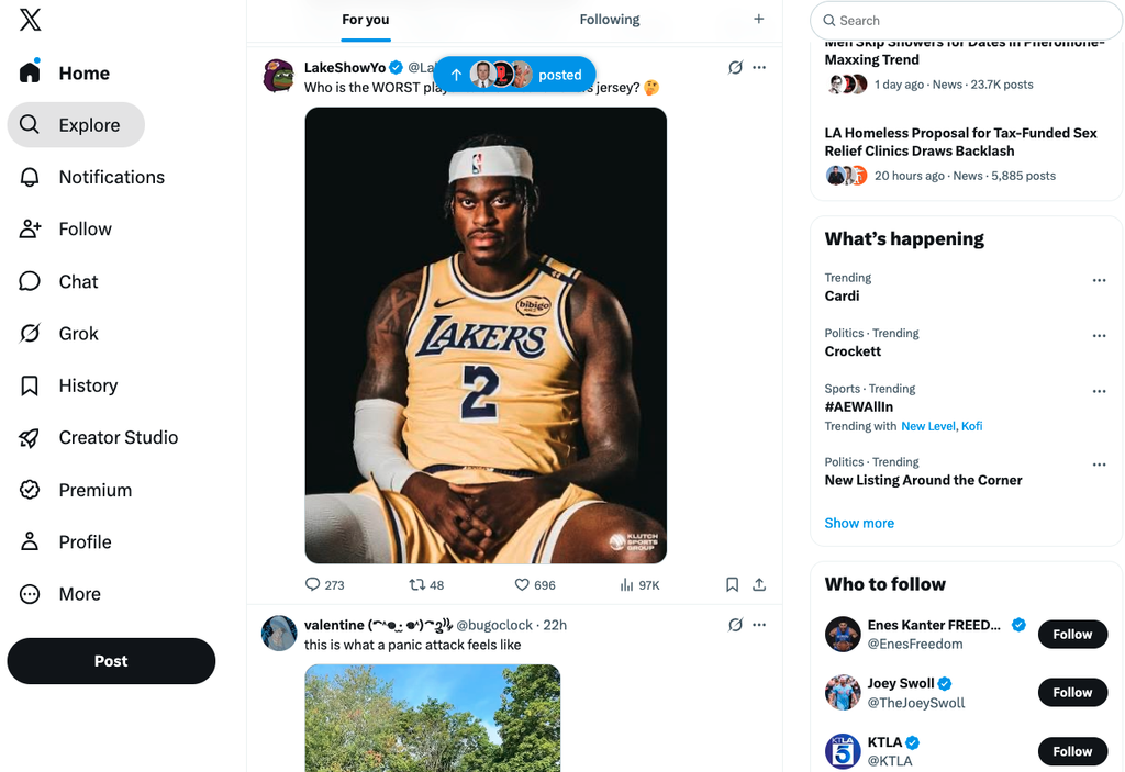 Screenshot of an X For You feed showing posts, trending topics, navigation links and suggested accounts.