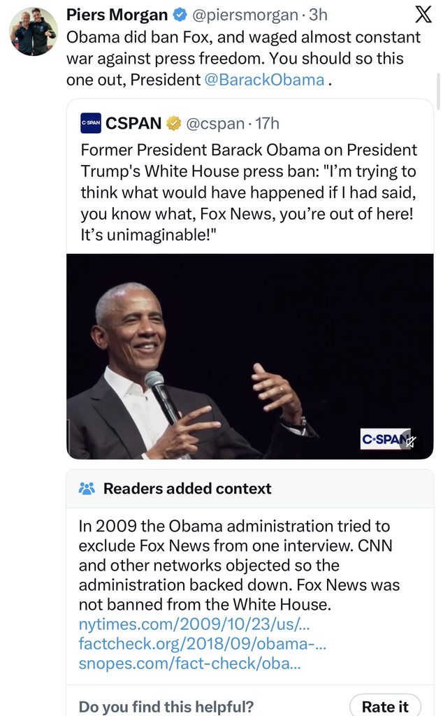 Screenshot of a post from Piers Morgan on X discussing comments made by Barack Obama. A Community Note appears beneath the post explaining that Obama did not ban Fox News and provides links to supporting sources including The New York Times, FactCheck.org, and Snopes.