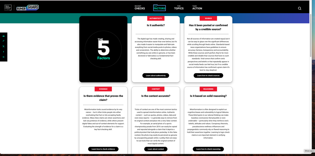 Screenshot of RumorGuard's Five Factors page showing authenticity, source, evidence, context, and reasoning as criteria for evaluating information.