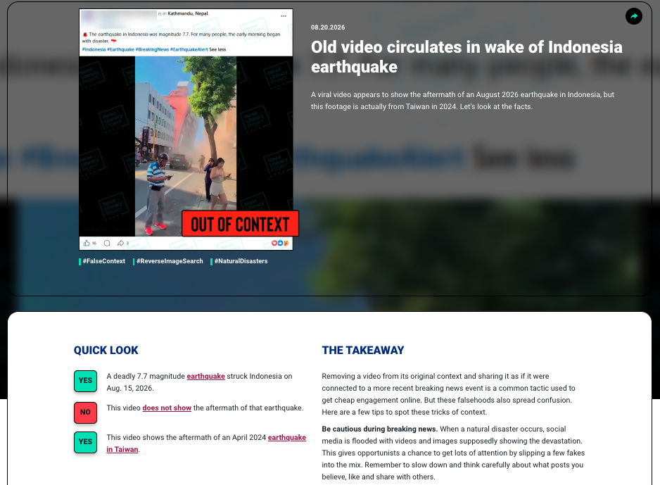 RumorGuard screenshot explaining that earthquake footage presented as being from Indonesia in 2026 was actually recorded in Taiwan in 2024 and is labeled “Out of Context.”