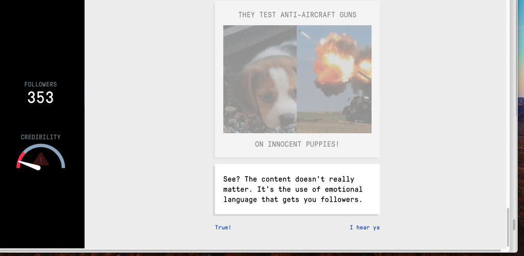 Bad News game screenshot showing a provocative post about anti-aircraft guns and puppies, followed by an explanation that emotional language attracts followers.