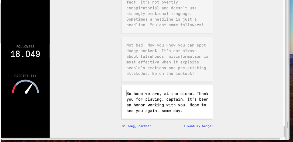 Final Bad News game screen showing 18,049 followers and a message explaining that misinformation is most effective when it exploits emotions and pre-existing attitudes.