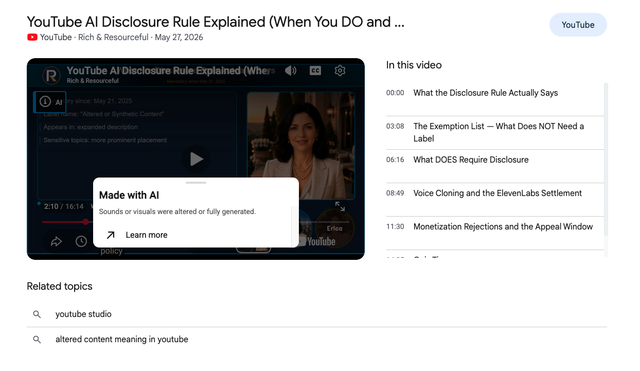 YouTube video interface displaying a disclosure label indicating that sounds or visuals were altered or fully generated using artificial intelligence.