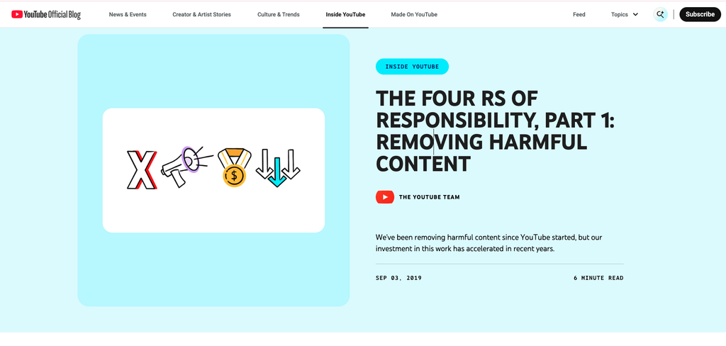 Screenshot from the YouTube Official Blog showing the article introducing the Four Rs of Responsibility framework for content moderation and misinformation management.